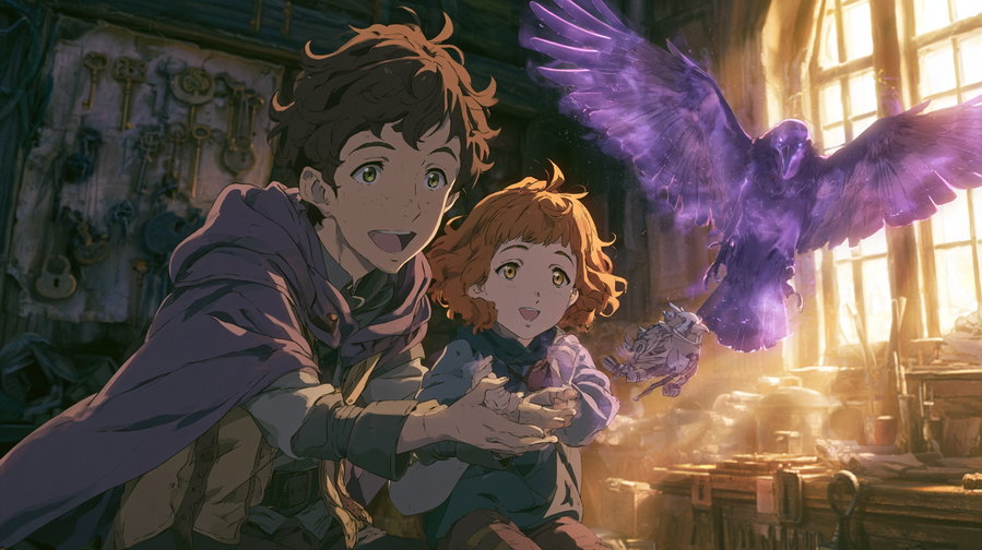 A young brown-haired halfling rogue and his ginger daughter play with a purple spectral crow and mechanical dove in a medieval workshop filled with keys and locks, illuminated by natural light.