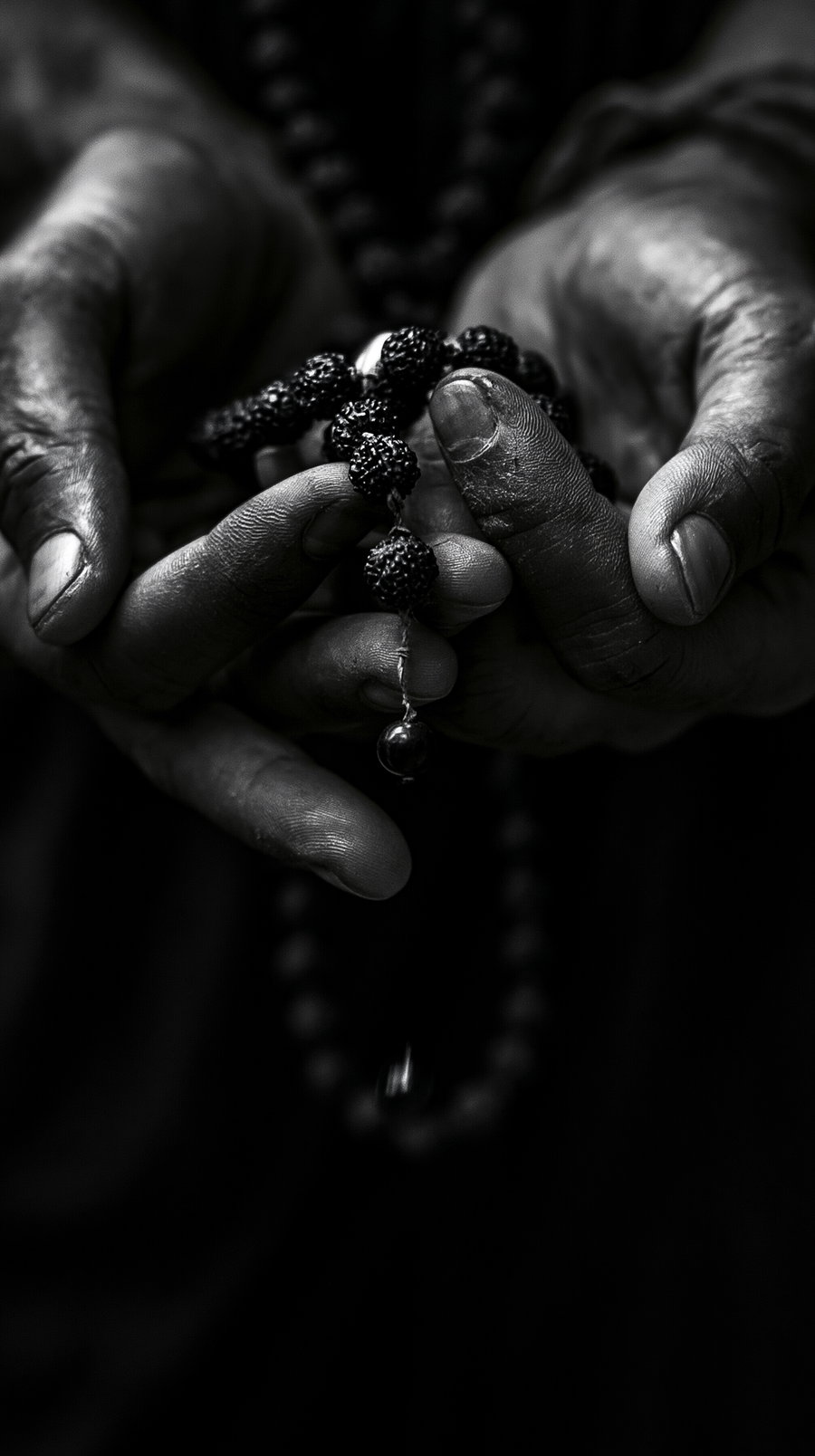 A close-up shot of weathered hands holding dark rudraksha prayer beads, one bead falling, in a dramatic black-and-white style with deep shadows.