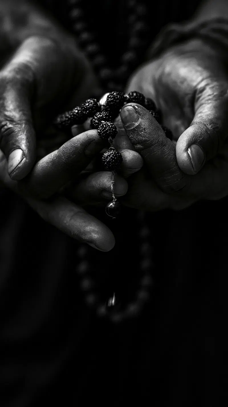 Cinematic Black and White Macro of Weathered Hands and Prayer Beads