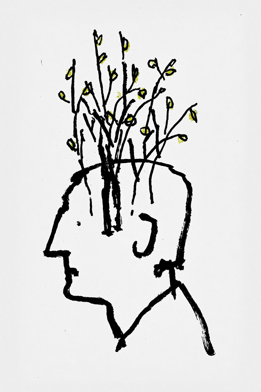 A conceptual drawing of a human head silhouette in profile on a white background, featuring a tree with thin black lines and pale green leaves inside the head.
