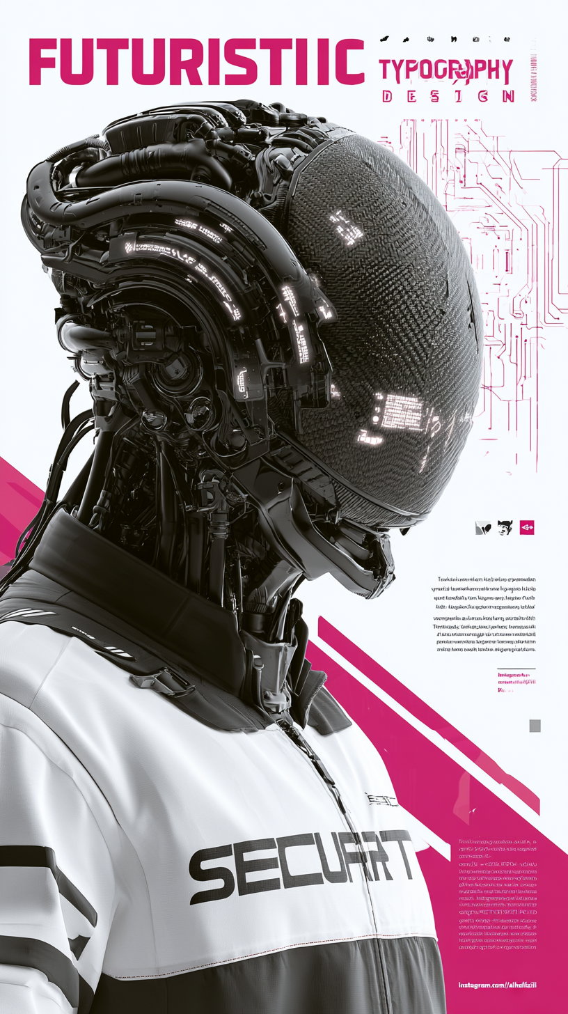 A cyborg figure wearing a black helmet with carbon fiber texture and glowing indicators, dressed in a white and black jacket marked 'SECURITY'. The background features clean white space, fuchsia geometric forms, and abstract circuit diagrams.