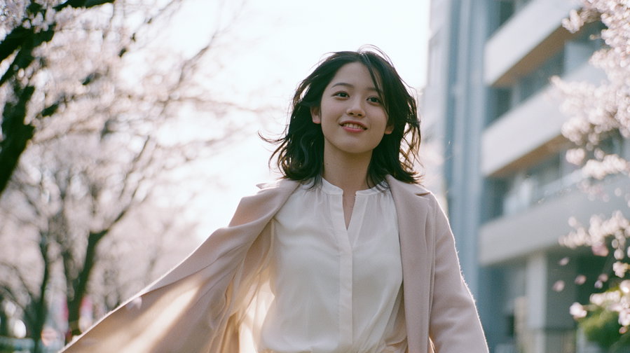 A young Japanese girl with a hopeful smile, wearing a lightweight white blouse and a soft beige coat, walking in a modern Japanese street with blooming cherry blossoms in the background, captured in soft morning light.