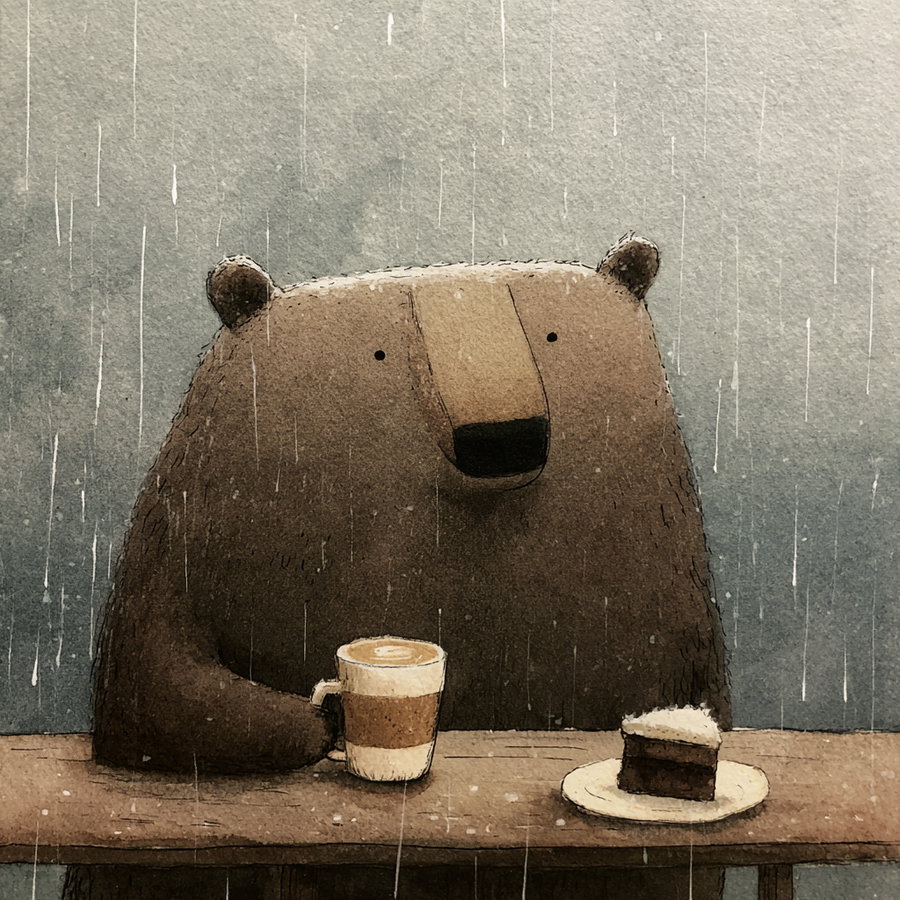 A cute brown bear holding a latte with a cake, sitting at a table in a cafe on a rainy day, with muted earthy tones and simple shapes.