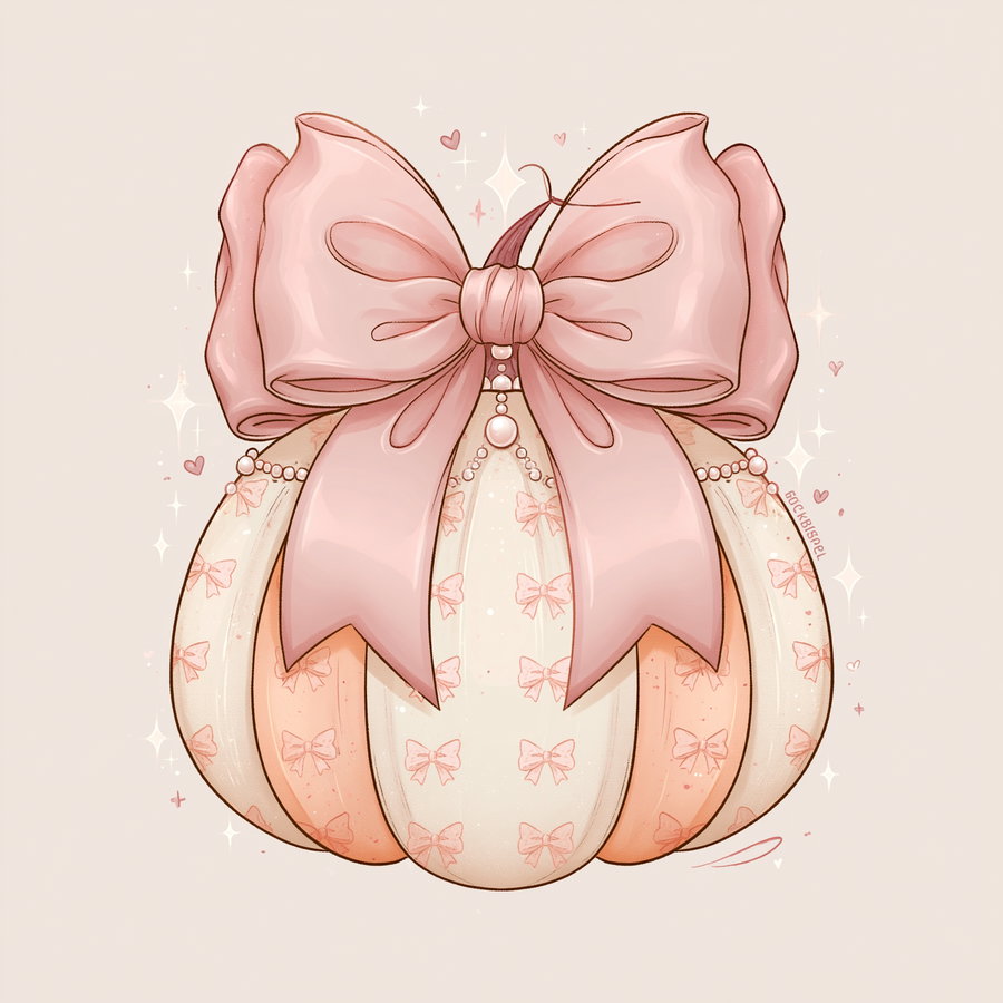 A pumpkin featuring warm cream and soft orange tones, decorated with tiny bow patterns and topped with a large pink satin bow. The design includes delicate pearl accents and tiny hearts, creating a whimsical and feminine aesthetic.