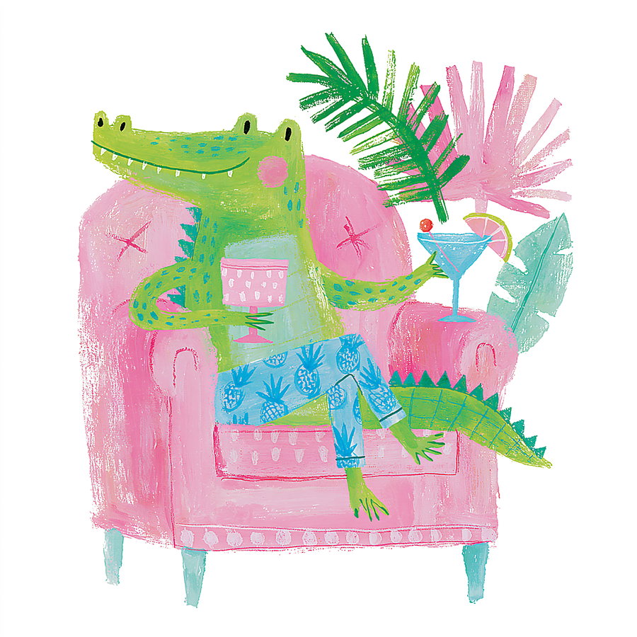 A cute green alligator sits in a pink armchair, holding a glass with a summer cocktail.