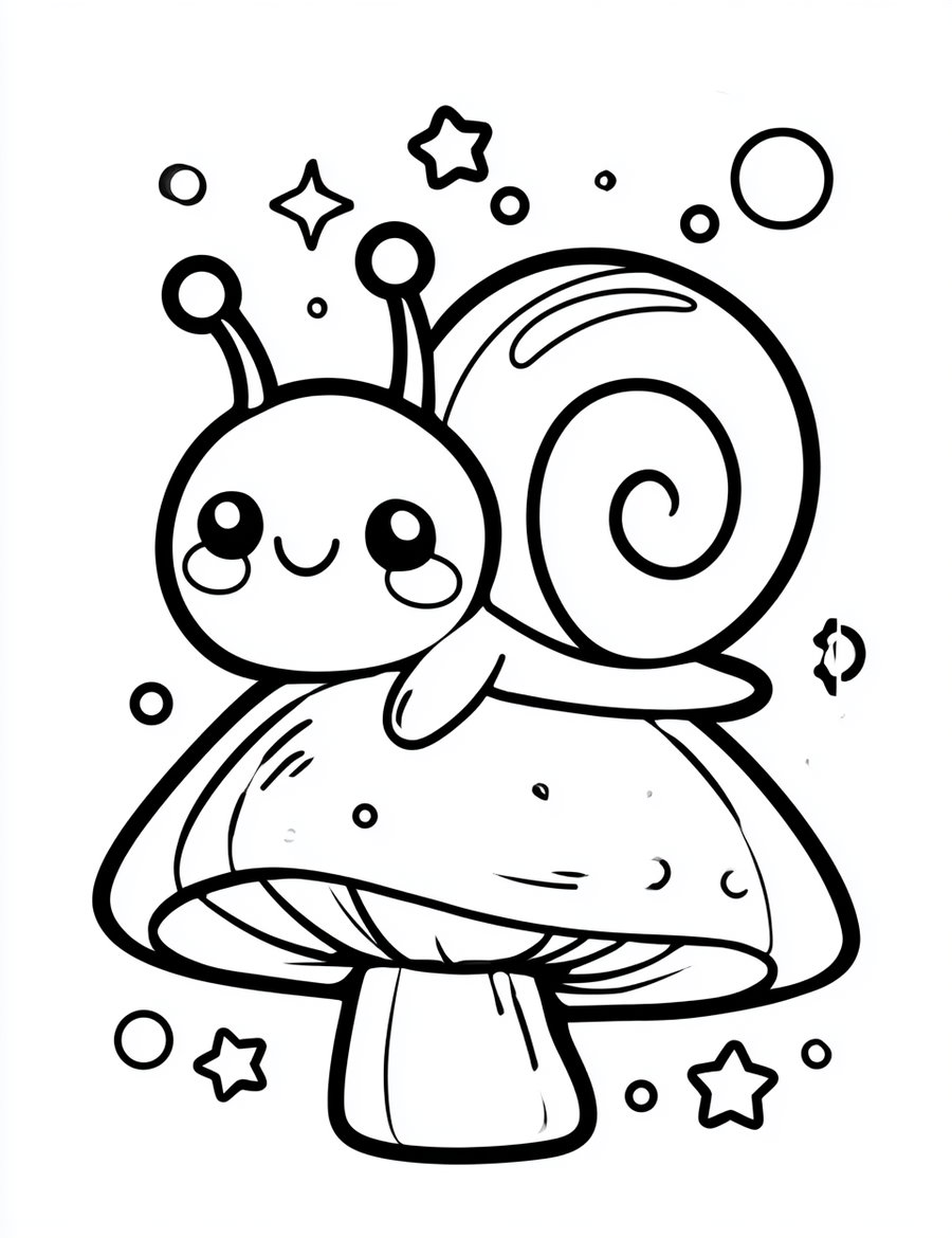 A friendly smiling snail sitting on a giant mushroom, surrounded by small stars and bubbles, with thick black outlines on a pure white background.
