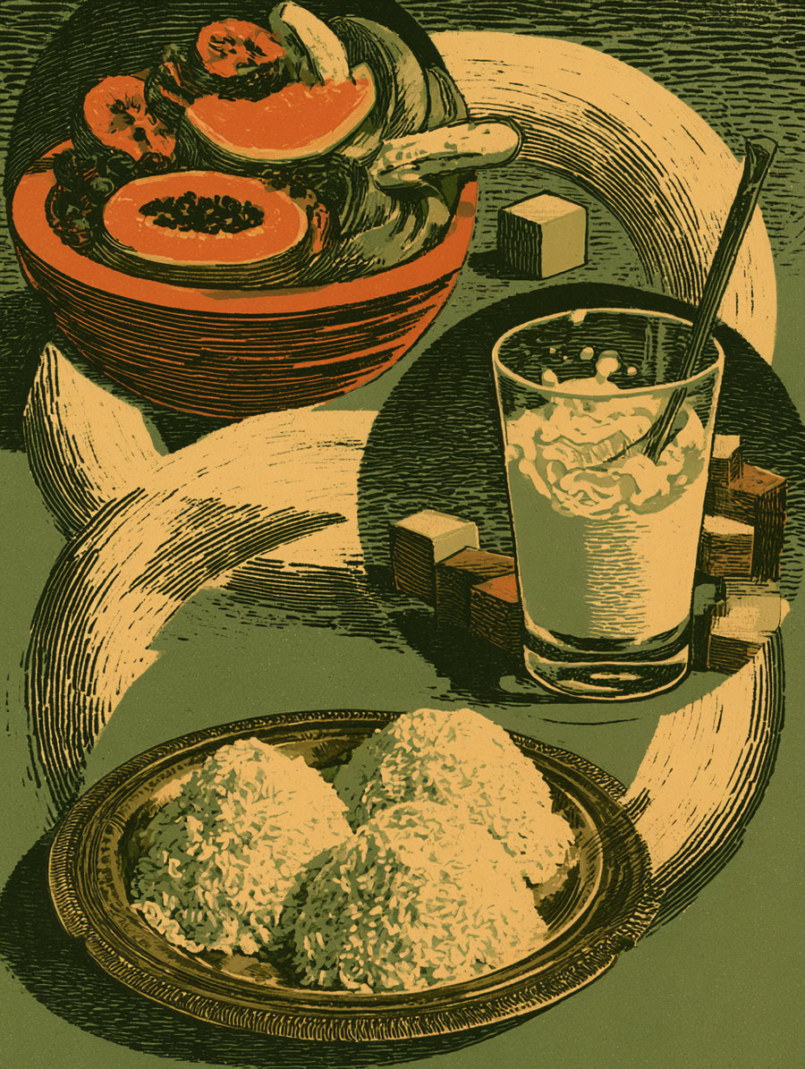 Illustration with three circular vignettes: a bowl of colorful fruits, a glass of milk with a spoon, and a plate of steamed rice, connected by arrows.