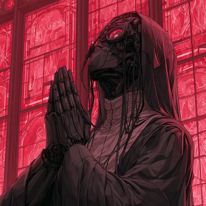Mechanical Nun in Dark Anime Style with Stained Glass Background
