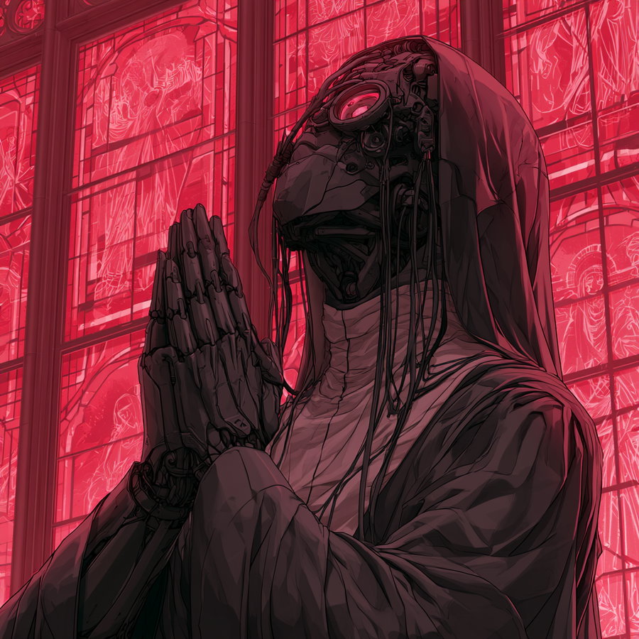 A dark anime-style mechanical nun in half prayer, wearing a mask with wires and electronics, set against a red stained glass window.