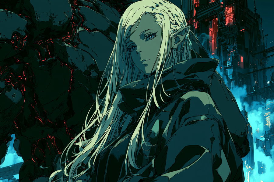 A slender elf woman with long silver-white hair and pale skin stands against a colossal dark war machine. The background features a towering neon megacity at night with cold blue and crimson lights, enveloped in fog.