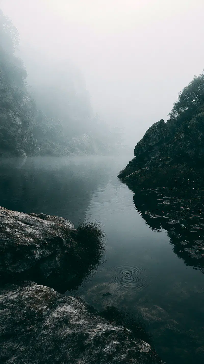 Misty Valley with Lotus Pond and Distant Temple Bell