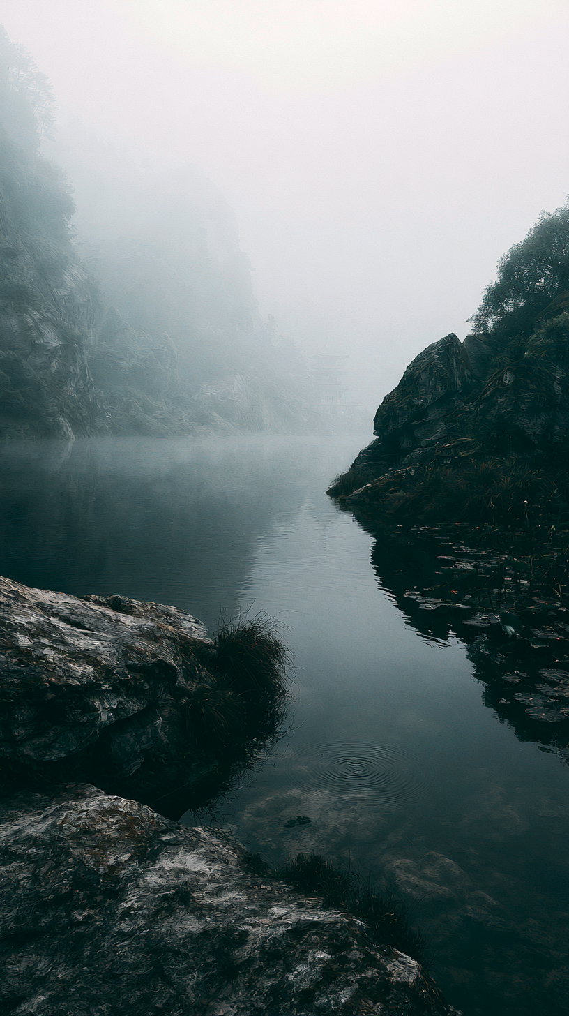 A tranquil and foggy valley with still water in a lotus pond, surrounded by misty mountains and rocky terrain.