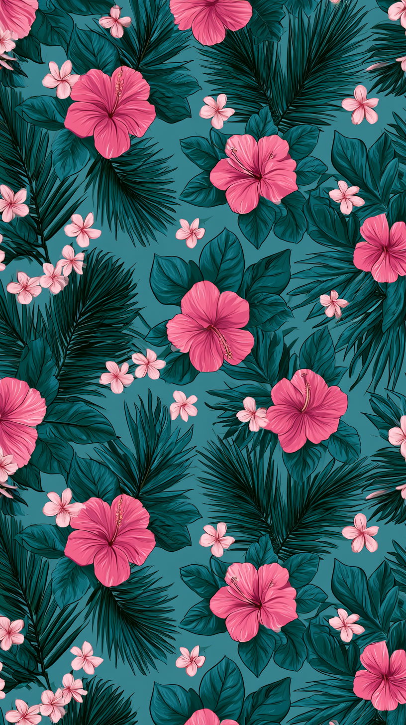 A detailed illustration featuring large bright pink hibiscus flowers, small pale pink frangipani flowers, and dark green leaves and palm fronds on a teal background.
