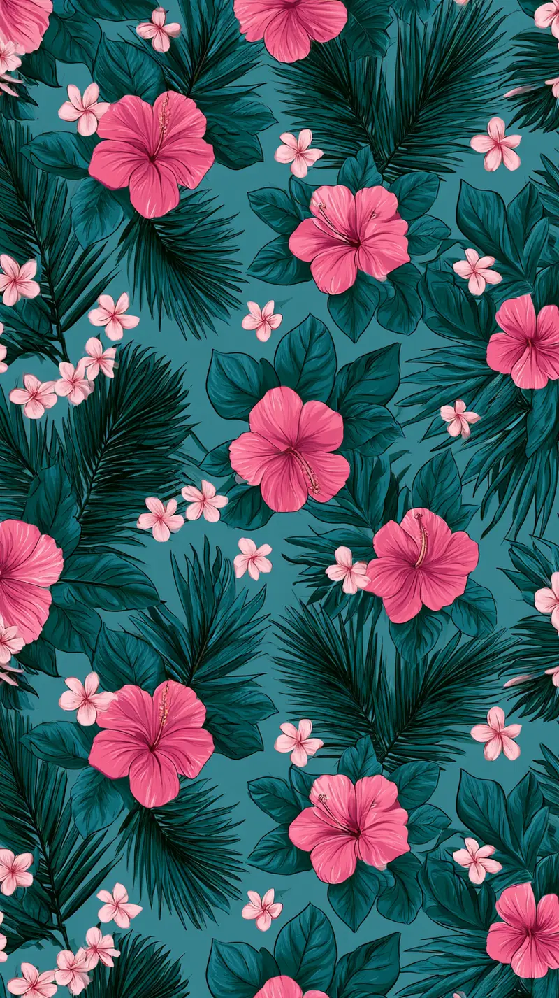 Tropical Floral Pattern with Hibiscus and Frangipani on Teal
