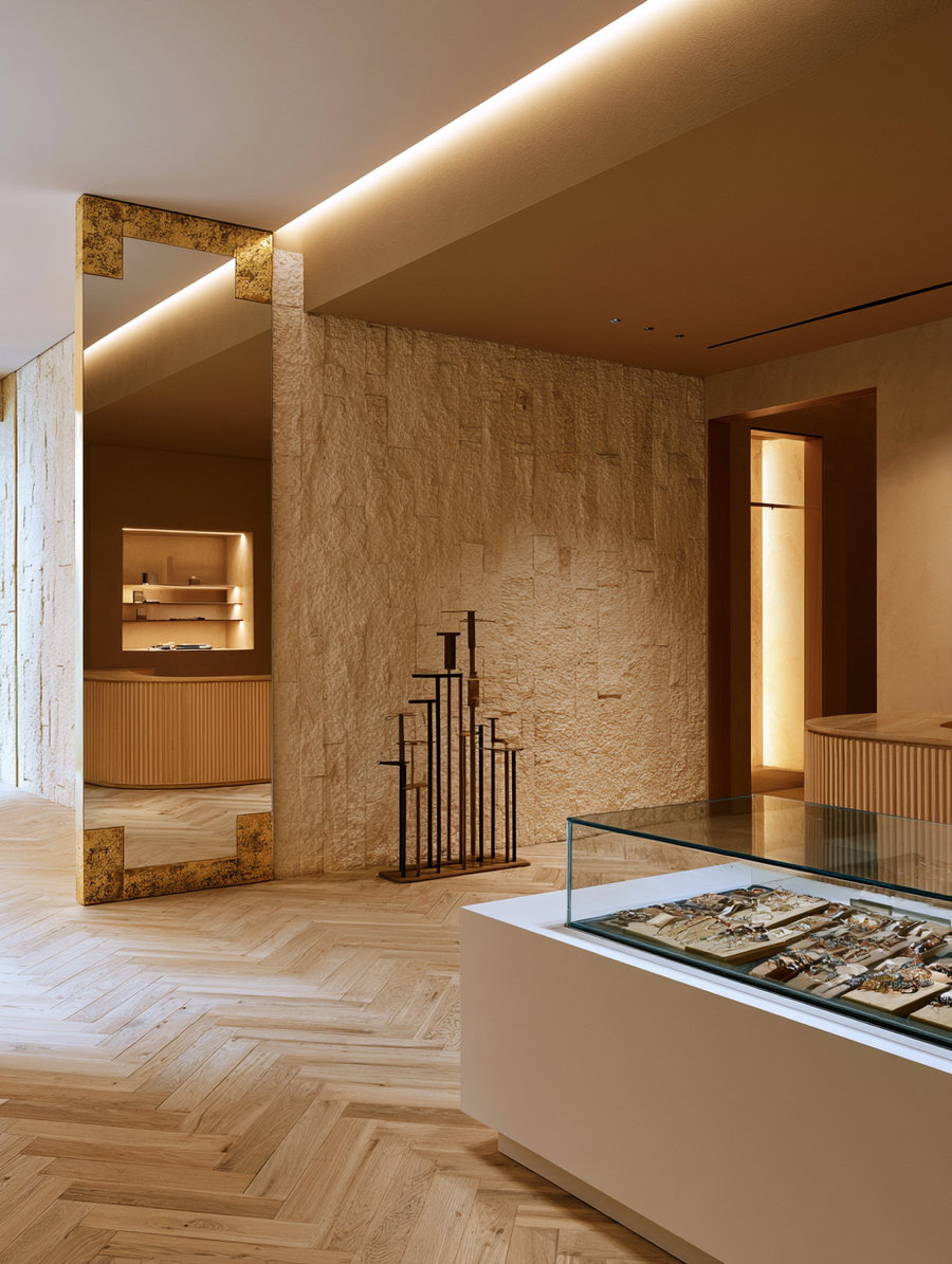 A luxurious fashion retail space featuring a beige textured wall, brown ceiling, gold-accented full-length mirror, a white display counter with jewelry, and herringbone wooden flooring.