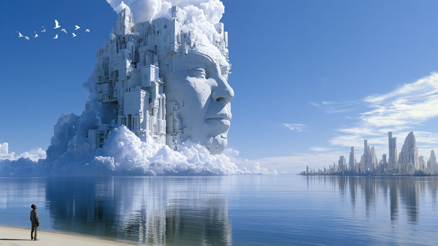 A colossal, abstract human-like face made of white architectural blocks emerges from calm water, reflecting in it. White cumulus clouds surround the face, with a distant city skyline of light-colored buildings on the horizon and a person standing on a sandy beach looking towards the face. The sky is bright blue with scattered white clouds and several birds flying.