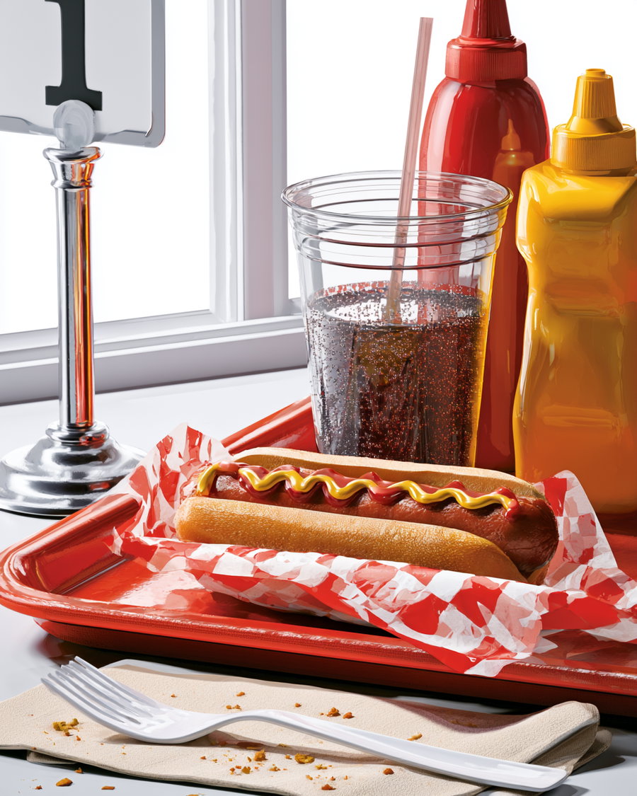 A diner scene featuring a hot dog in a bun with ketchup and mustard, served on a red tray. A clear plastic cup with a straw containing dark soda sits nearby, along with ketchup and mustard bottles. A beige napkin and white plastic fork are placed on the tray, which has crumbs scattered on it. In the background, a window lets in white light.