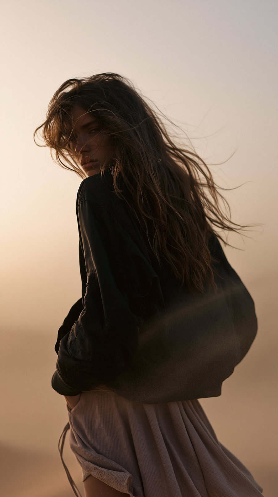 A woman in a black bomber jacket and lavender tennis skirt, facing away, with windswept brunette hair and a dusty sandstorm around her in a desert during golden hour.