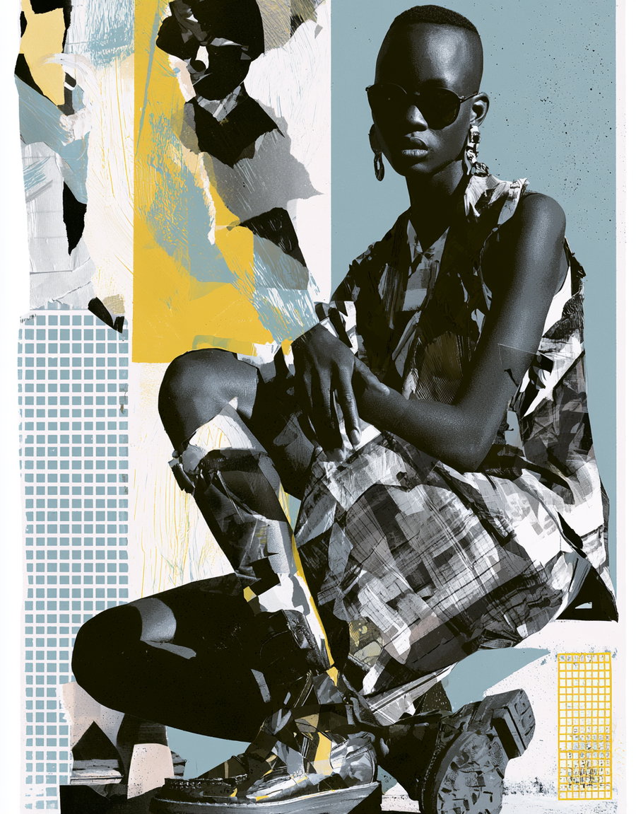 A confident young woman sitting, crafted from torn paper and geometric shapes, with a layered textured appearance.