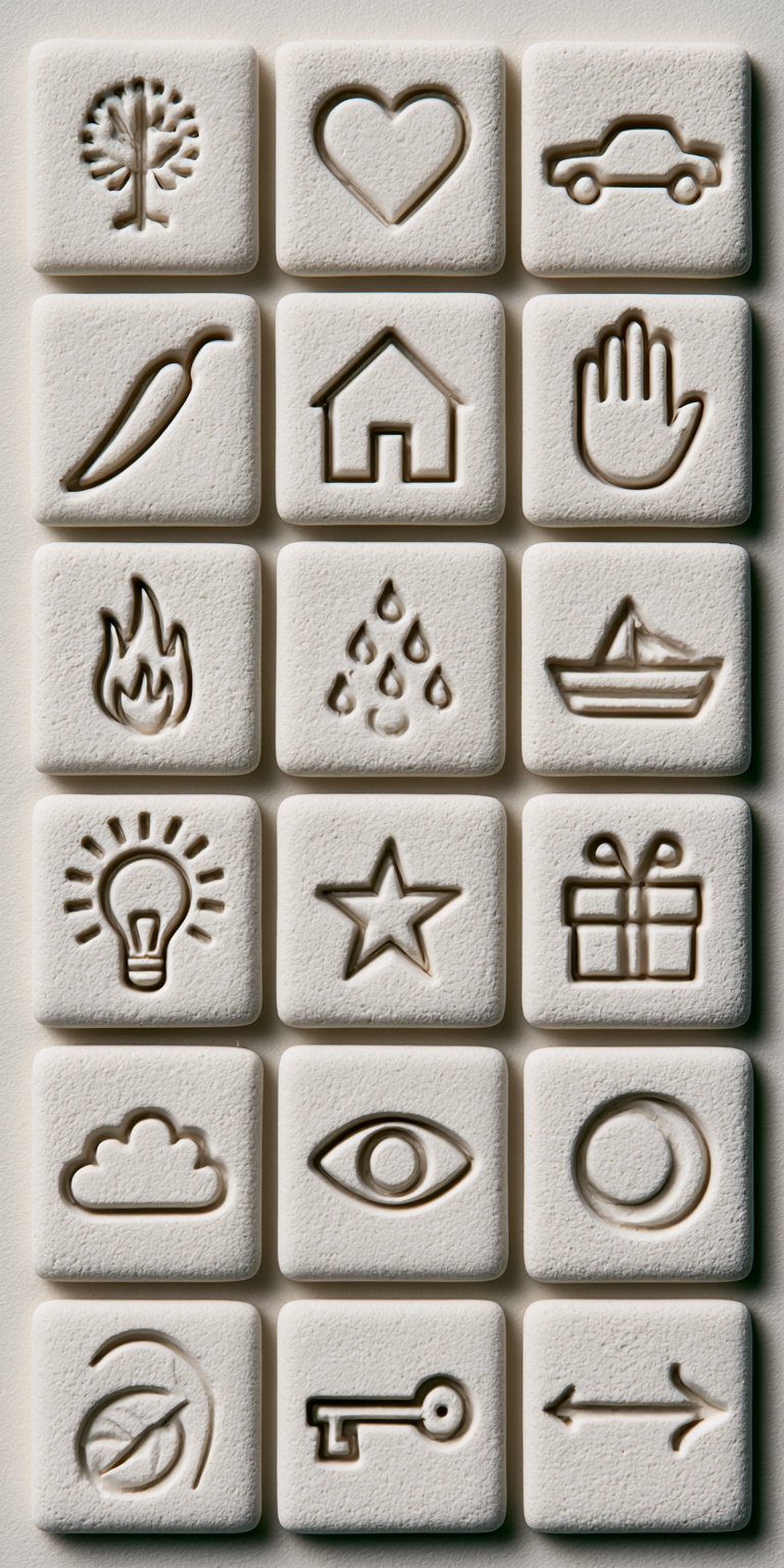 A flat lay view of a 6x6 grid of white square clay tiles, each with a minimalist engraved symbol, on a white background.