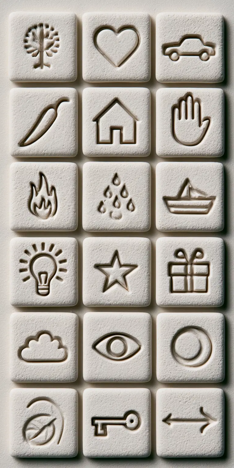 Minimalist Engraved Symbols on Ceramic Tiles Flat Lay