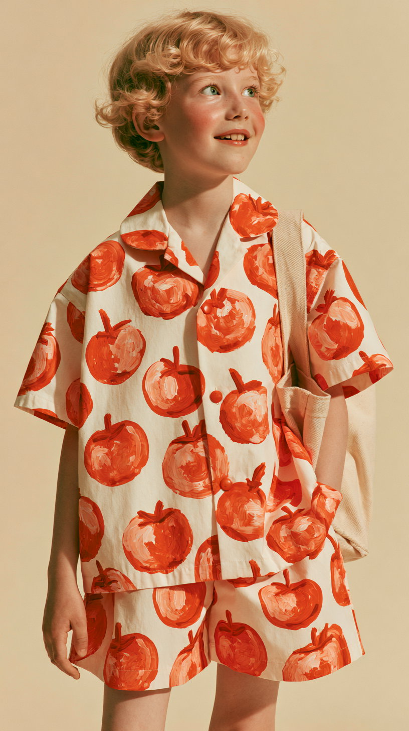 A smiling 8-year-old child with curly blond hair wearing a white outfit with tomato illustrations, standing in a warm minimalist studio with a cream background.