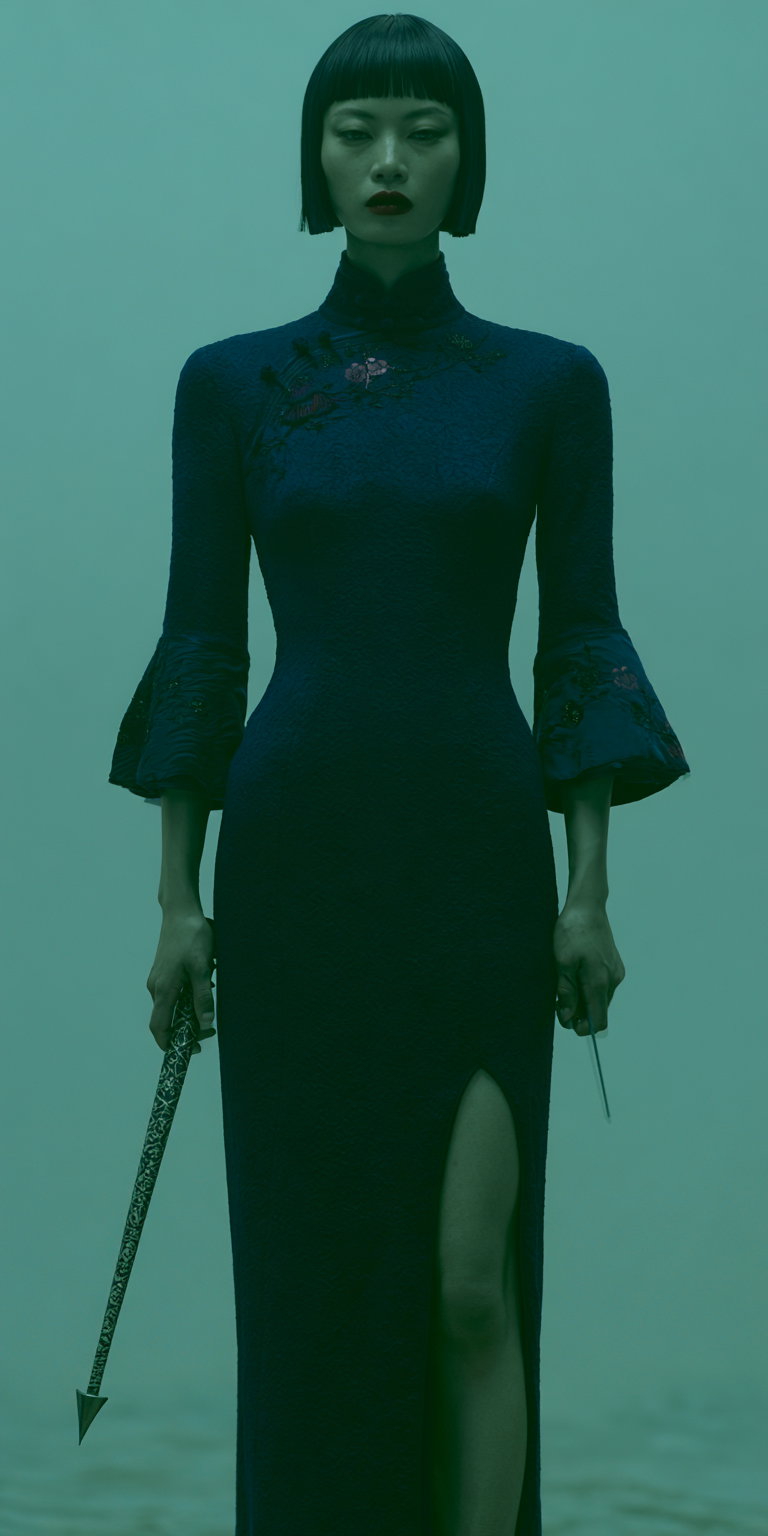 A full-body portrait of an Asian woman in a navy blue fitted cheongsam with plum blossom embroidery, holding a metal spike, standing elegantly against a soft diffused background.