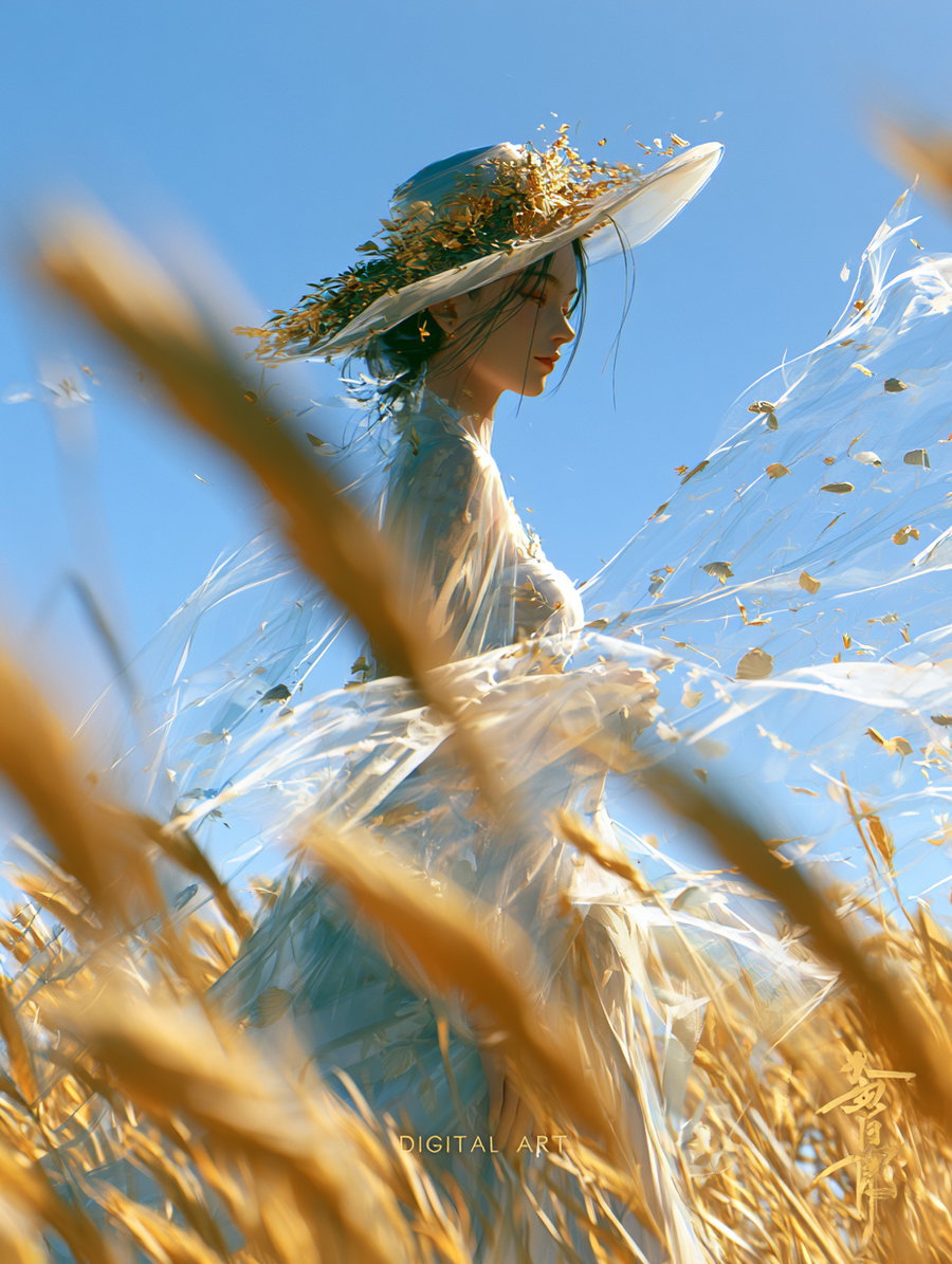 A woman in a translucent dress and wide-brimmed hat with gold and green details stands in a golden wheat field. Blurred wheat stalks are in the foreground, and the fabric billows around her in the bright blue sky.