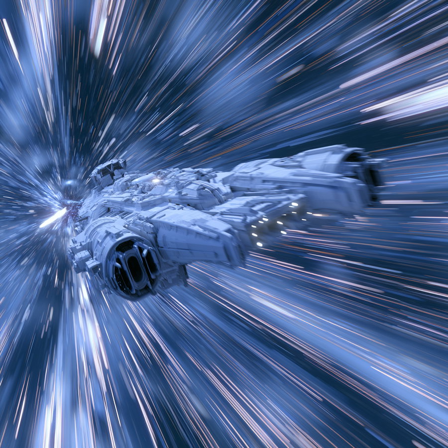 A futuristic robotic spaceship traveling at high velocity through a hyperspace jump, with streaks of light indicating speed and motion.