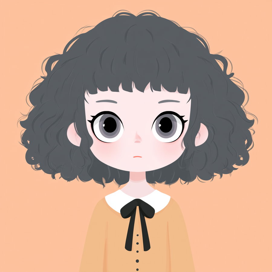 A girl with curly gray hair and big eyes, wearing a yellow top with a bow, set against a soft orange background.