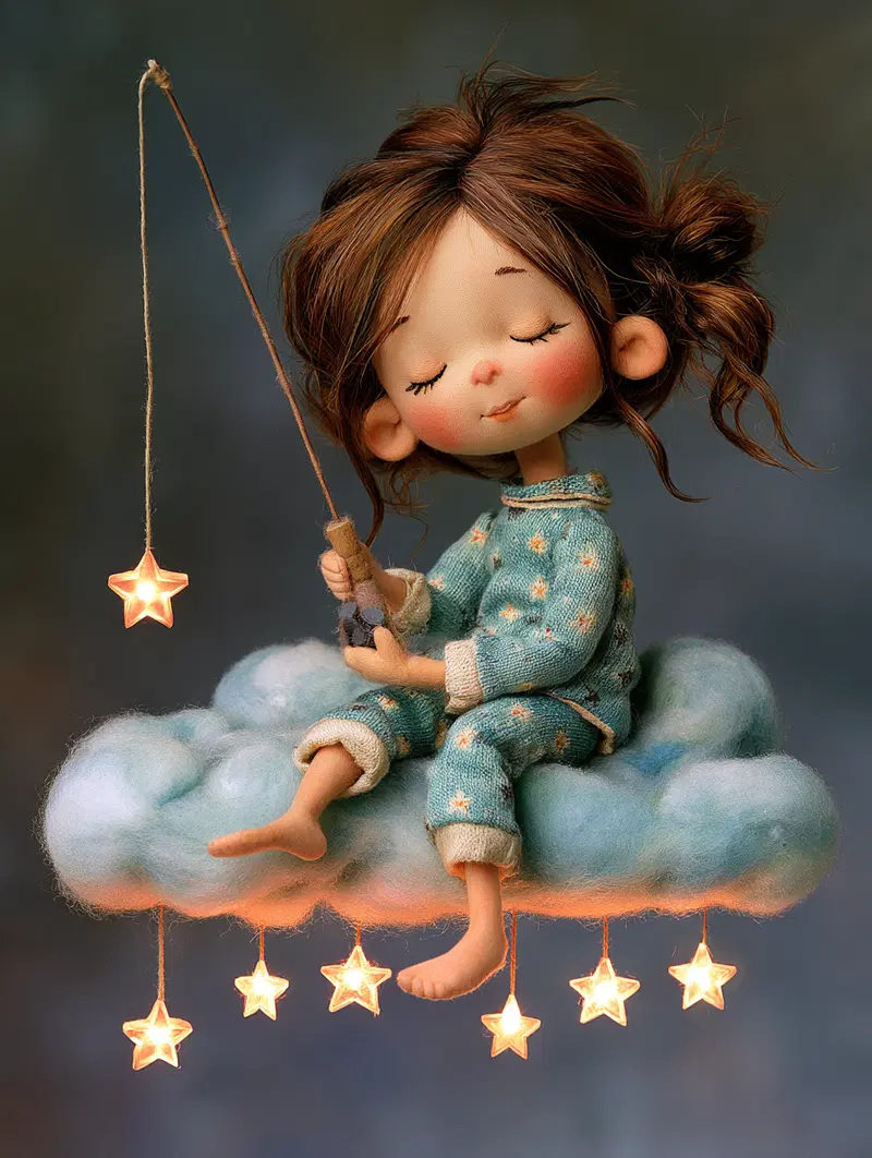 A Dreamy Scene of a Girl Fishing Stars from a Cloud