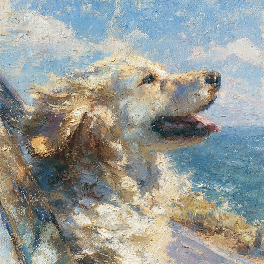 A golden retriever with its tongue out smiles from a car window, with the blue sea and sky in the background, depicted in an impressionist style.