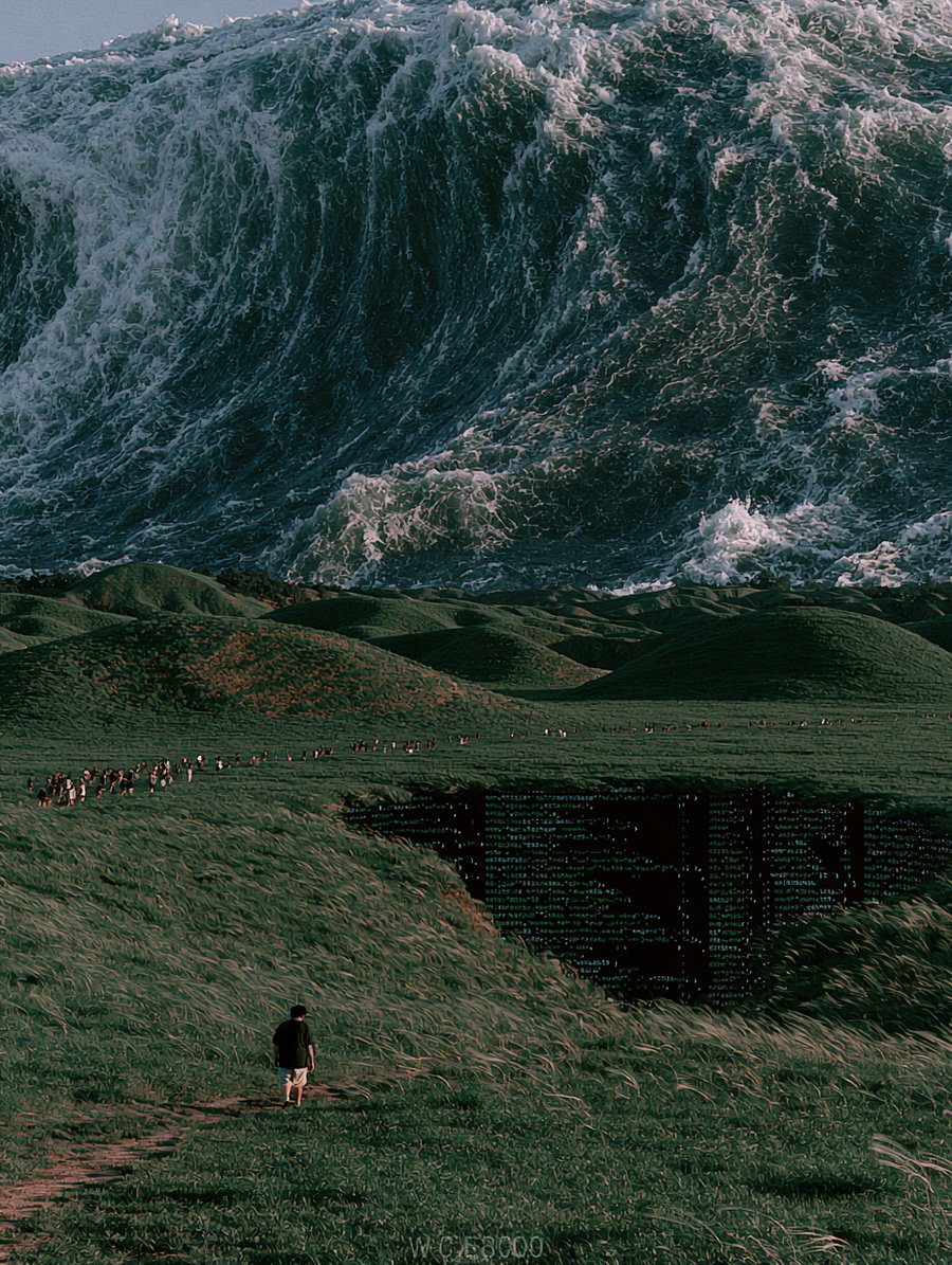 A vast green landscape with rolling hills, grass swaying in the wind, and a turbulent wave-like sky. In the foreground, the ground opens to reveal lines of code, suggesting a digital world.