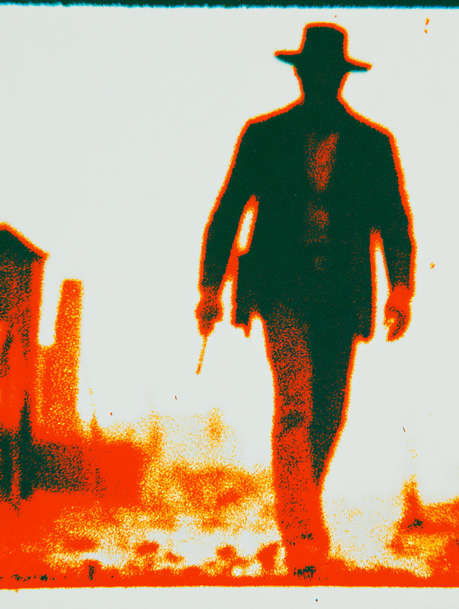 A shadowy figure of a gunslinger with a revolver walks through a deserted, ruined town, with a stark color contrast of orange and green.