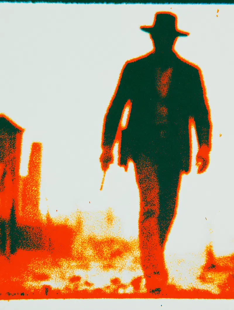 Gunslinger Walking Through a Ruined Town in a Gritty Aesthetic