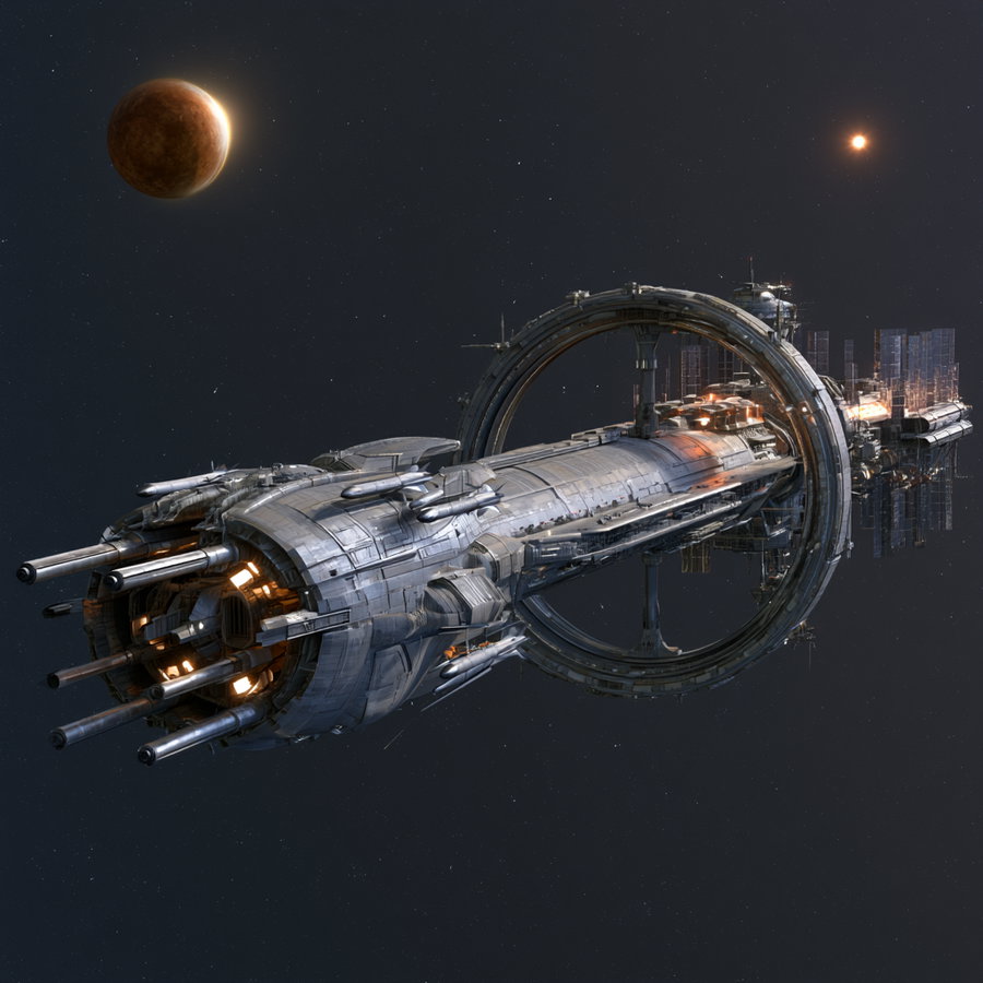 A long, slender military ship equipped with railguns and missile launchers, set against a backdrop of a brown dwarf and distant stars.