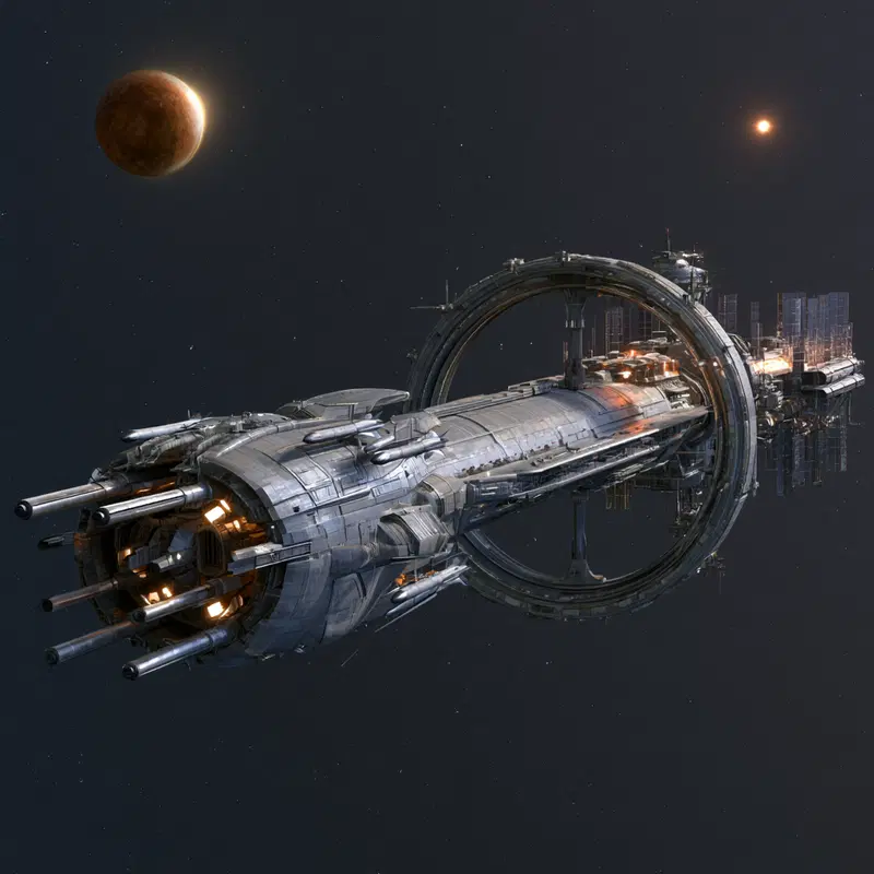 A sleek yet powerful military spacecraft in a distant galaxy
