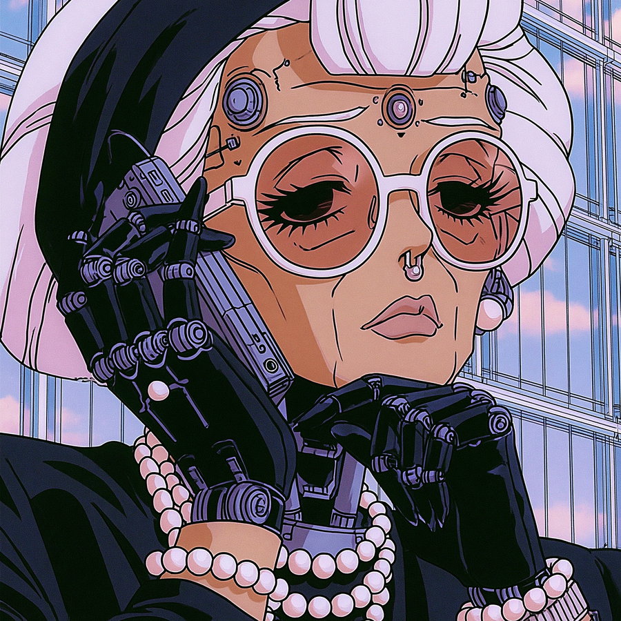 A robot resembling a grandma, wearing large glasses and pearls, with robotic hands and a futuristic hairstyle, set against a modern background.