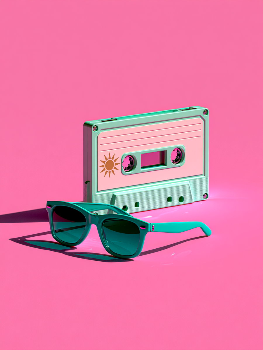 A classic cassette tape labeled with a sun icon next to teal sunglasses on a solid neon pink background.