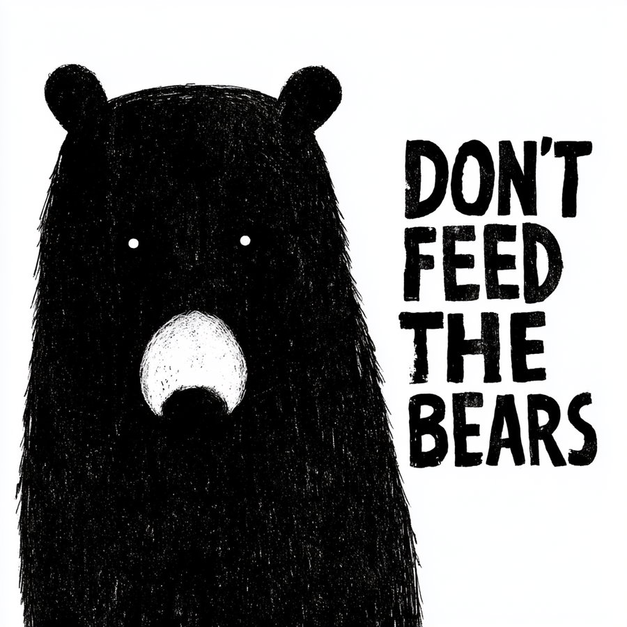 A high contrast black and white artwork of a bear's upper body with simple eyes and a rounded snout, alongside the text 'don't feed the bears' in bold, slightly faded font.