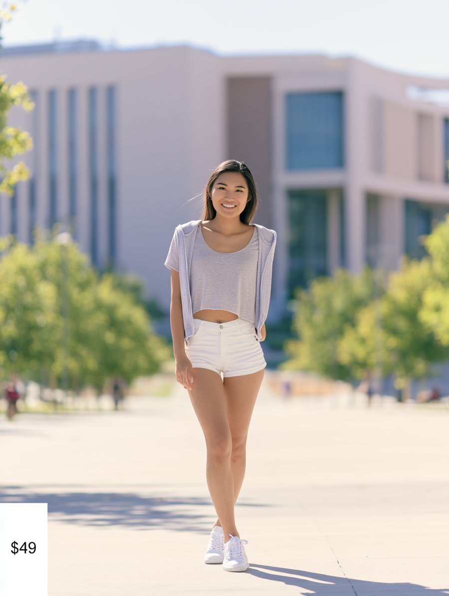 A young woman in a stylish summer outfit, standing on a sunlit university campus avenue with modern buildings and green trees in the background.