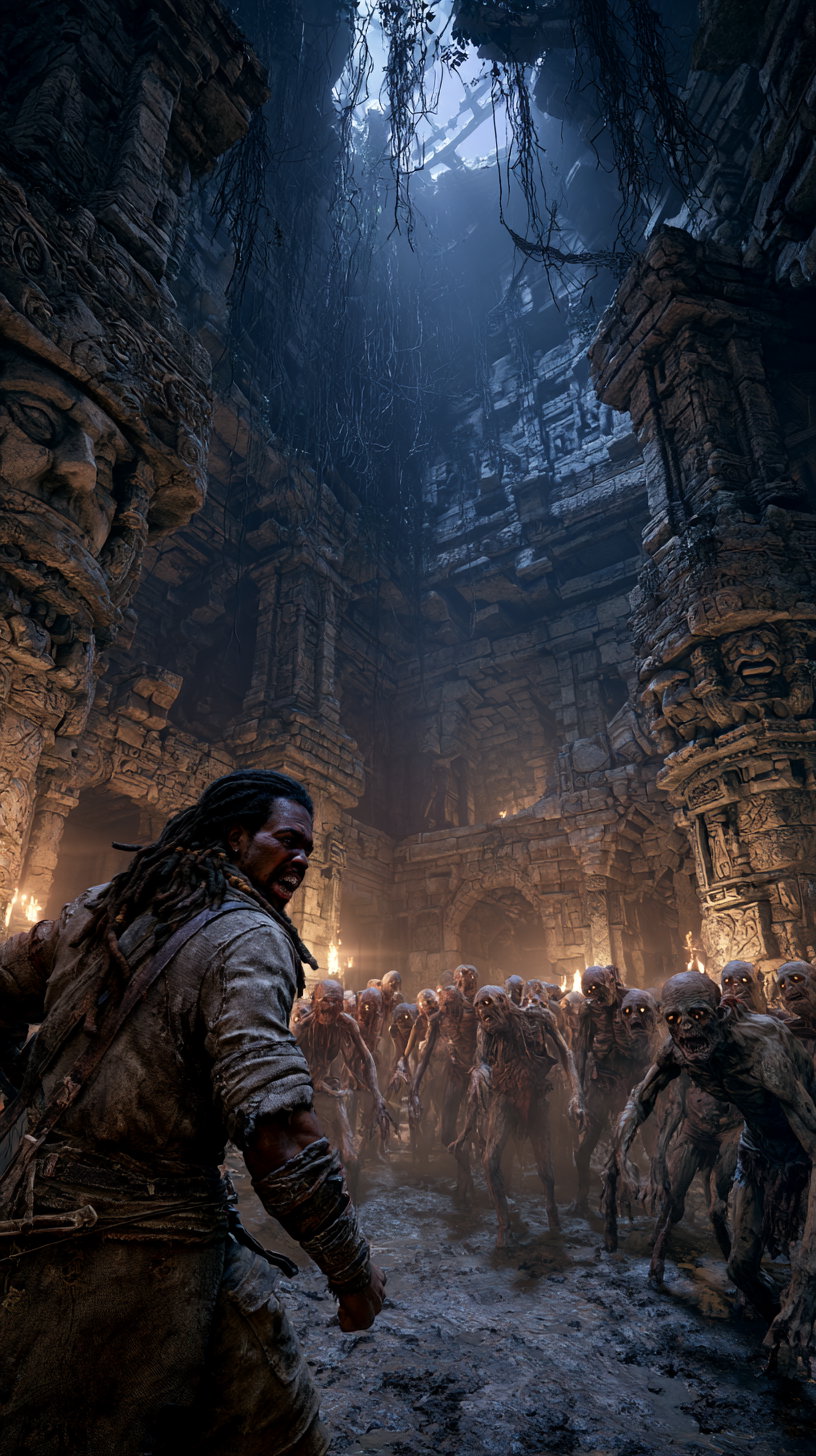 A man with dark skin and dreadlocks faces a horde of gaunt, pale creatures in a dilapidated stone temple with detailed carvings and a large opening for night light, illuminated by torches.