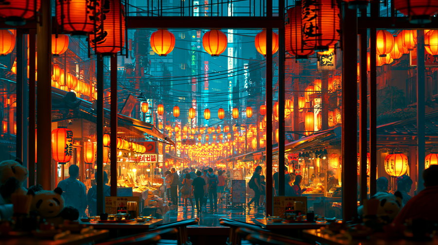 A wide view from inside a restaurant showing large glass windows facing a vibrant street with street food stalls, people walking, and glowing paper lanterns.