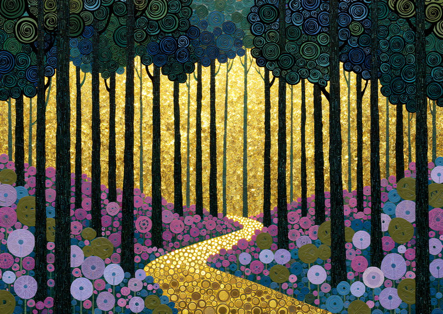 A stylized forest with dark tree trunks and a shimmering golden background. The forest floor features abstract flowers in pink, lavender, blue, and olive green, with a golden path of circular shapes leading into the distance. The tree tops are dense with spiral-like foliage.