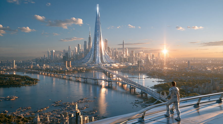 A futuristic city with towering skyscrapers and a bright sunset, viewed from a balcony. The landscape features a vast river and advanced architectural designs.