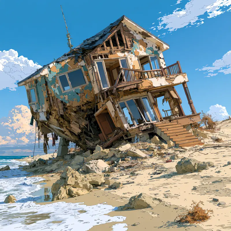 Cartoon-Style Image of a House Destroyed and Compacted by Sand