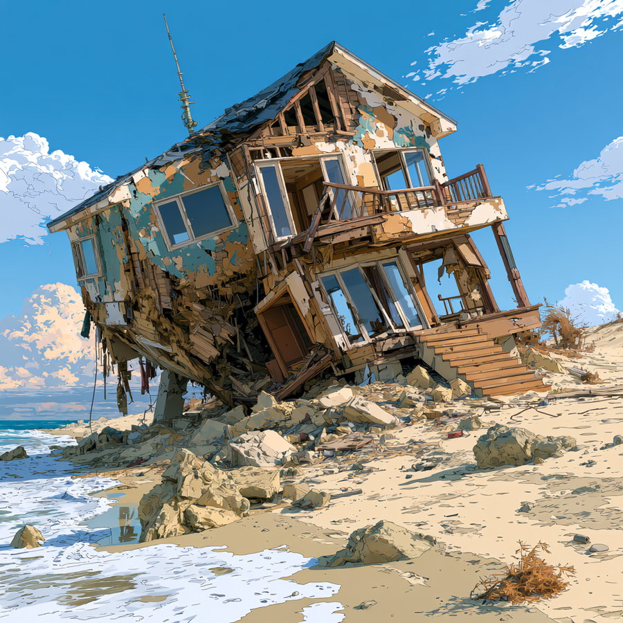 A cartoon-style illustration of a house that is leaning and has been destroyed, with debris and sand around it.