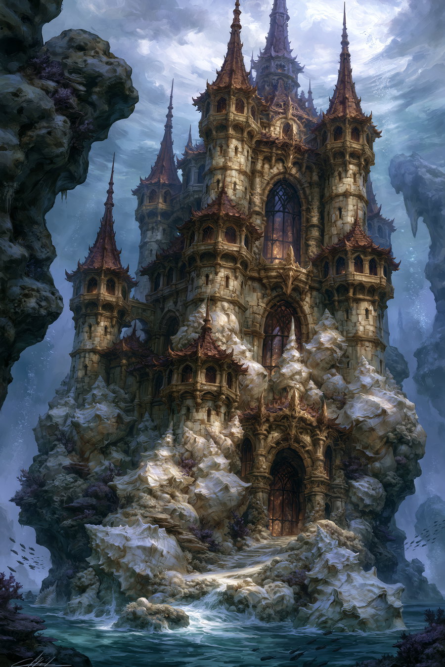 A large, intricate fortress made of coral and shells, rising from rocky shores, with sharp towers and gothic architecture, set against a stormy sky.