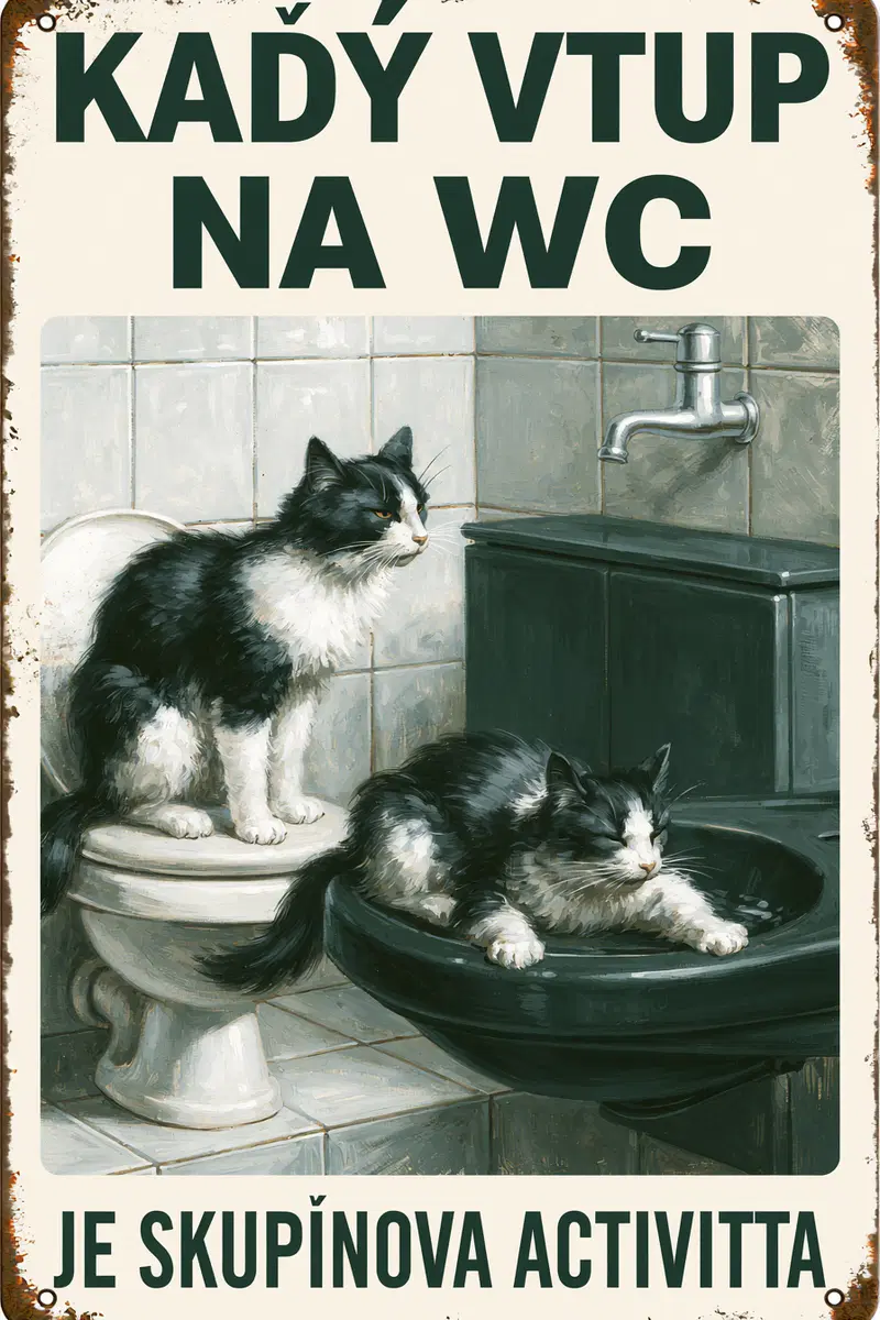 Humorous Retro Metal Sign Featuring Cats in Bathroom