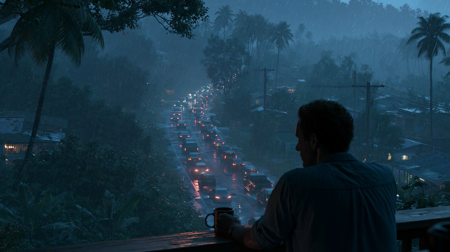 A man holding a coffee mug looking out from a porch at a rain-soaked country road full of congested traffic, surrounded by palm trees in a dark, moody atmosphere.